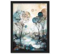 Snowfall over Autumn Trees in Snowy River Dream Landscape Modern Watercolour Painting Artwork Framed Wall Art Print A4 Artery8 Black One Size