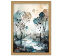 Snowfall over Autumn Trees in Snowy River Dream Landscape Modern Watercolour Painting Artwork Framed Wall Art Print A4 Artery8 Light Oak One Size