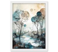 Snowfall over Autumn Trees in Snowy River Dream Landscape Modern Watercolour Painting Artwork Framed Wall Art Print A4 Artery8 White One Size