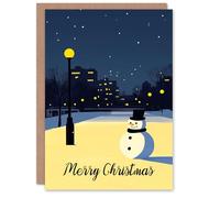 Artery8 Snowman Under City Lamp Post Night Cityscape Blank For Him Or Her Art Christmas Card