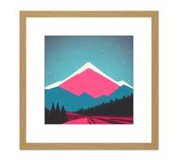 Artery8 Snowy Mountain At Night Stars Sky Forest Pink Painting Square Wooden Framed Wall Art Print Picture 8X8 Inch in Light Oak Artery8 Light Oak