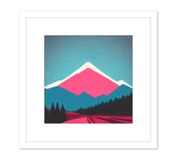 Artery8 Snowy Mountain At Night Stars Sky Forest Pink Painting Square Wooden Framed Wall Art Print Picture 8X8 Inch in White Artery8 White