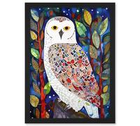 Artery8 Snowy Owl Between Tree Branches Folk Art Artwork Framed Wall Art Print A4