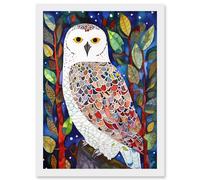 Artery8 Snowy Owl Between Tree Branches Folk Art Artwork Framed Wall Art Print A4