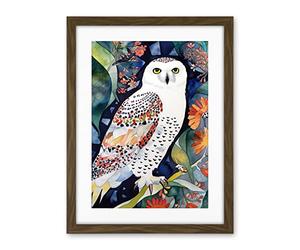 Artery8 Snowy Owl On Blooming Tree Folk Art Artwork Framed Wall Art Print 18X24 Inch
