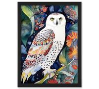 Artery8 Snowy Owl On Blooming Tree Folk Art Artwork Framed Wall Art Print A4 in Black Artery8 Black