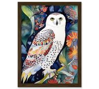 Snowy Owl On Blooming Tree Folk Art Artwork Framed Wall Art Print A4 Artery8 Brown One Size