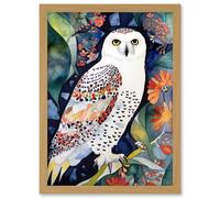 Snowy Owl On Blooming Tree Folk Art Artwork Framed Wall Art Print A4 Artery8 Light Oak One Size