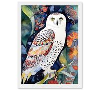 Artery8 Snowy Owl On Blooming Tree Folk Art Artwork Framed Wall Art Print A4