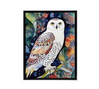 Artery8 Snowy Owl On Blooming Tree Folk Art Framed Canvas Wall Art Print | Size: W12" x H16" Artery8 Multicolor W12" x H16"