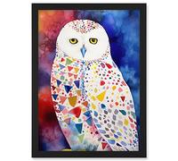 Snowy Owl With Multicoloured Spot Feathers Folk Art Artwork Framed Wall Art Print A4 Artery8 Black One Size
