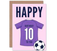 Artery8 Soccer Football 10th Birthday Card for Boys Girls Purple Jersey Football Top on Pink Background