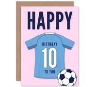 Artery8 Soccer Football 10th Birthday Card for Boys Girls Sky Blue Jersey Football Top on Pink Background