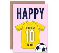 Artery8 Soccer Football 10th Birthday Card for Boys Girls Yellow Jersey Football Top on Pink Background