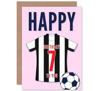 Artery8 Soccer Football 7th Birthday Card for Boys Girls Black White Striped Jersey Football Top on Pink Background