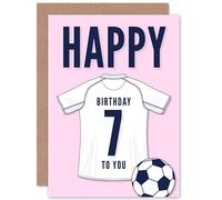 Artery8 Soccer Football 7th Birthday Card for Boys Girls White Jersey Football Top on Pink Background
