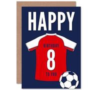Artery8 Soccer Football 8th Birthday Card for Boys Girls Red White Jersey Football Top on Dark Blue Background