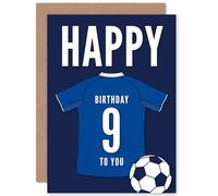 Artery8 Soccer Football 9th Birthday Card for Boys Girls Blue Jersey Football Top on Dark Blue Background