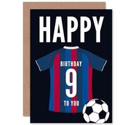 Artery8 Soccer Football 9th Birthday Card for Boys Girls Blue Red Striped Jersey Football Top on Dark Blue Background