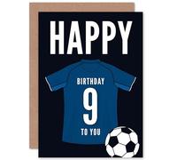Artery8 Soccer Football 9th Birthday Card for Boys Girls Dark Blue Jersey Football Top on Dark Blue Background