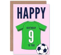 Artery8 Soccer Football 9th Birthday Card for Boys Girls Green Jersey Football Top on Pink Background