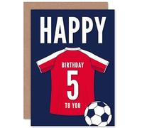 Artery8 Soccer Football Personalised 5th Birthday Card for Boys Girls White Red Jersey Football Top on Dark Blue Background