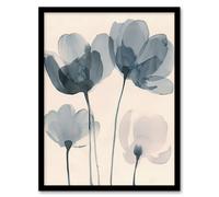 Artery8 Soft Black White Light Watercolour Poppy Flowers Framed Art Print in Blue | Size: W12" x H16" Artery8 Blue W12" x H16"
