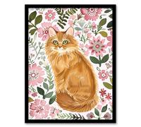 Artery8 Somali Cat Lover Pink Flower Rustic Pattern Framed Wall Art | Size: W12" x H16" Artery8 Pink W12" x H16"