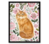 Artery8 Somali Cat Lover Pink Flower Rustic Pattern Living Room Artwork Framed Wall Art Print 18X24 Inch
