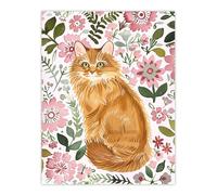 Artery8 Somali Cat Lover Pink Flower Rustic Pattern Living Room Large Wall Art Poster Print Thick Paper 18X24 Inch