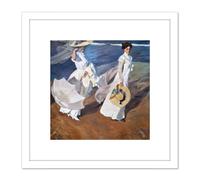 Artery8 Sorolla Strolling Along The Seashore Painting 8X8 Inch Square Wooden Framed Wall Art Print Picture with Mount in White Artery8 White