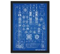 Soyuz Rocket USSR Soviet Space Blueprint Plan A4 Artwork Framed Wall Art Print Artery8 Black One Size