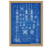 Soyuz Rocket USSR Soviet Space Blueprint Plan A4 Artwork Framed Wall Art Print Artery8 Light Oak One Size