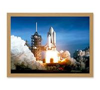 Space 1981 Shuttle Launch Number One Columbia NASA Artwork Framed Wall Art Print A4 Artery8 Light Oak One Size