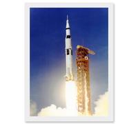 Space Apollo 11 Launch Saturn V Rocket Blast Thrust Flame USA A4 Artwork Framed Wall Art Print Artery8 White One Size