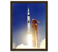 Space Apollo 11 Launch Saturn V Rocket Blast Thrust Flame USA A4 Artwork Framed Wall Art Print Artery8 Brown One Size