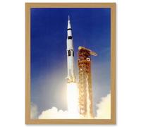 Space Apollo 11 Launch Saturn V Rocket Blast Thrust Flame USA A4 Artwork Framed Wall Art Print Artery8 Light Oak One Size