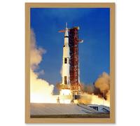 Space Nasa Apollo 11 Rocket Launch Lift Off Photo USA Moon Mission Artwork Framed Wall Art Print A4 Artery8 Light Oak One Size