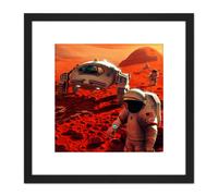 Artery8 Space NASA Humans On Mars Planet Rover Illustration 8X8 Inch Square Wooden Framed Wall Art Print Picture with Mount in Black Artery8 Black