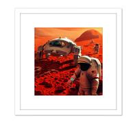 Artery8 Space NASA Humans On Mars Planet Rover Illustration 8X8 Inch Square Wooden Framed Wall Art Print Picture with Mount in White Artery8 White