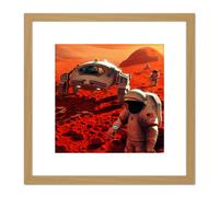 Artery8 Space NASA Humans On Mars Planet Rover Illustration 8X8 Inch Square Wooden Framed Wall Art Print Picture with Mount in Light Oak Artery8 Light Oak