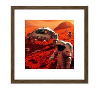 Artery8 Space NASA Humans On Mars Planet Rover Illustration 8X8 Inch Square Wooden Framed Wall Art Print Picture with Mount in Brown Artery8 Brown