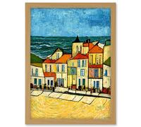 Artery8 Spain Costa Brava Seaside Van Gogh Style Modern Artwork Framed Wall Art Print A4 in Light Oak Artery8 Light Oak