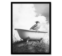 Artery8 Sparrow on Elegant Bathtub Black White Surreal Bathroom Toilet Artwork Framed Wall Art Print 18X24 Inch