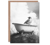 Artery8 Sparrow on Elegant Bathtub Black White Surreal Birthday Greeting Card in Grey Artery8 Grey