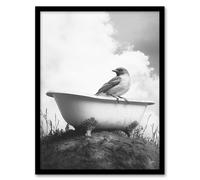 Artery8 Sparrow on Elegant Bathtub Black White Surreal Framed Art Print in Grey | Size: W12" x H16" Artery8 Grey W12" x H16"