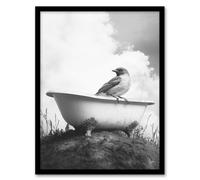 Artery8 Sparrow On Elegant Bathtub Black White Surreal Wall Art Print - A4 Size