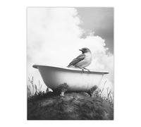 Artery8 Sparrow on Elegant Bathtub Black White Surreal Wall Art Print in Grey | Size: W12" x H16" Artery8 Grey W12" x H16"