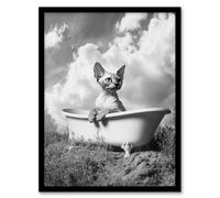 Artery8 Sphinx in Bathtub Black White Surreal Cat Lover Framed Art Print in Grey | Size: W12" x H16" Artery8 Grey W12" x H16"