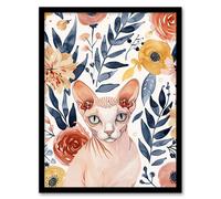 Artery8 Framed Wall Art Sphynx Cat Lover Floral Watercolour Portrait - 12X16 Inch
